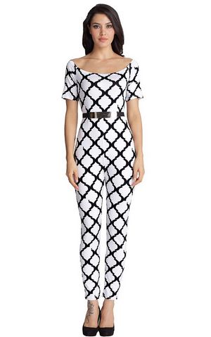 F2516-1 Women Jumpsuits Fashion Print Off the Shoulder with Belt